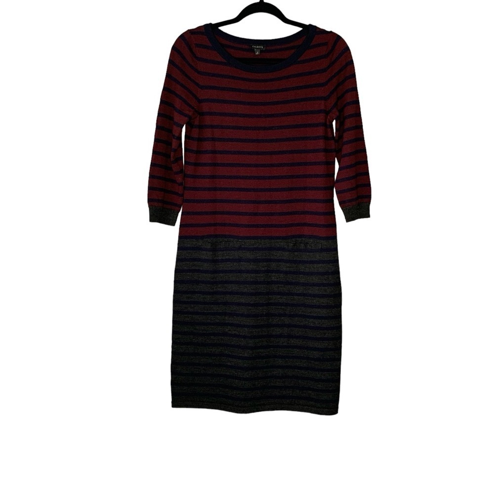 Talbots striped burgundy grey navy wool blend sweater dress with pockets. Size S